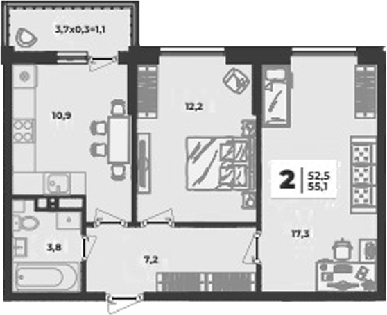 2-комн., 51.4 м², 6/9 этаж, ЖК «Лето»
