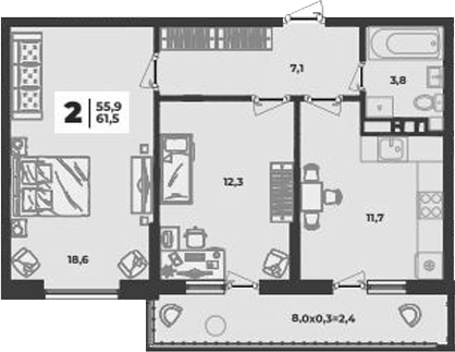 2-комн., 53.5 м², 2/9 этаж, ЖК «Лето»