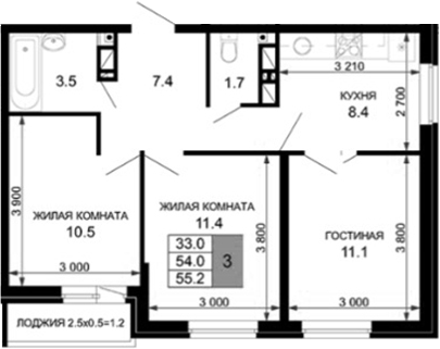 3-комн., 54 м², 6/16 этаж, ЖК «Дыхание»