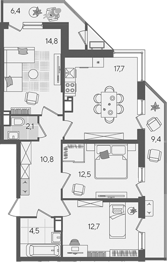 4+ комнаты, 75.1 м², 24/24 этаж, ЖК «Рекорд»