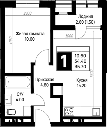 1-комн., 34.4 м², 6/9 этаж, ЖК «На высоком берегу»