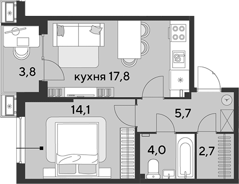 2-комн., 44.3 м², 2/9 этаж, ЖК «Парк Победы»