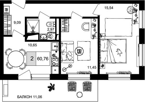 2-комн., 49.7 м², 5/8 этаж, ЖК «IT гостиничный комплекс Корсаков»