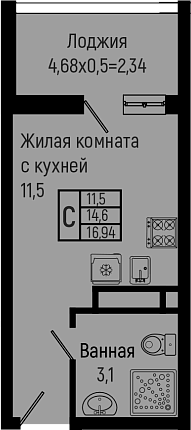 Студия, 14.6 м², 7/16 этаж, ЖК «Sun Hills Ольгинка»