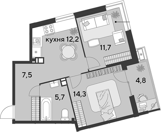 2-комн., 51.4 м², 7/18 этаж, ЖК «Парк Победы»