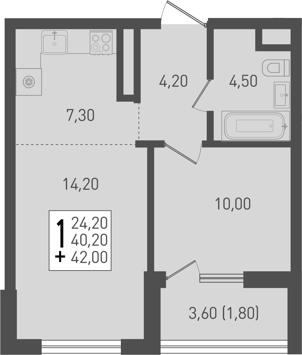 2-комн., 40.2 м², 5/8 этаж, ЖК «Югге»