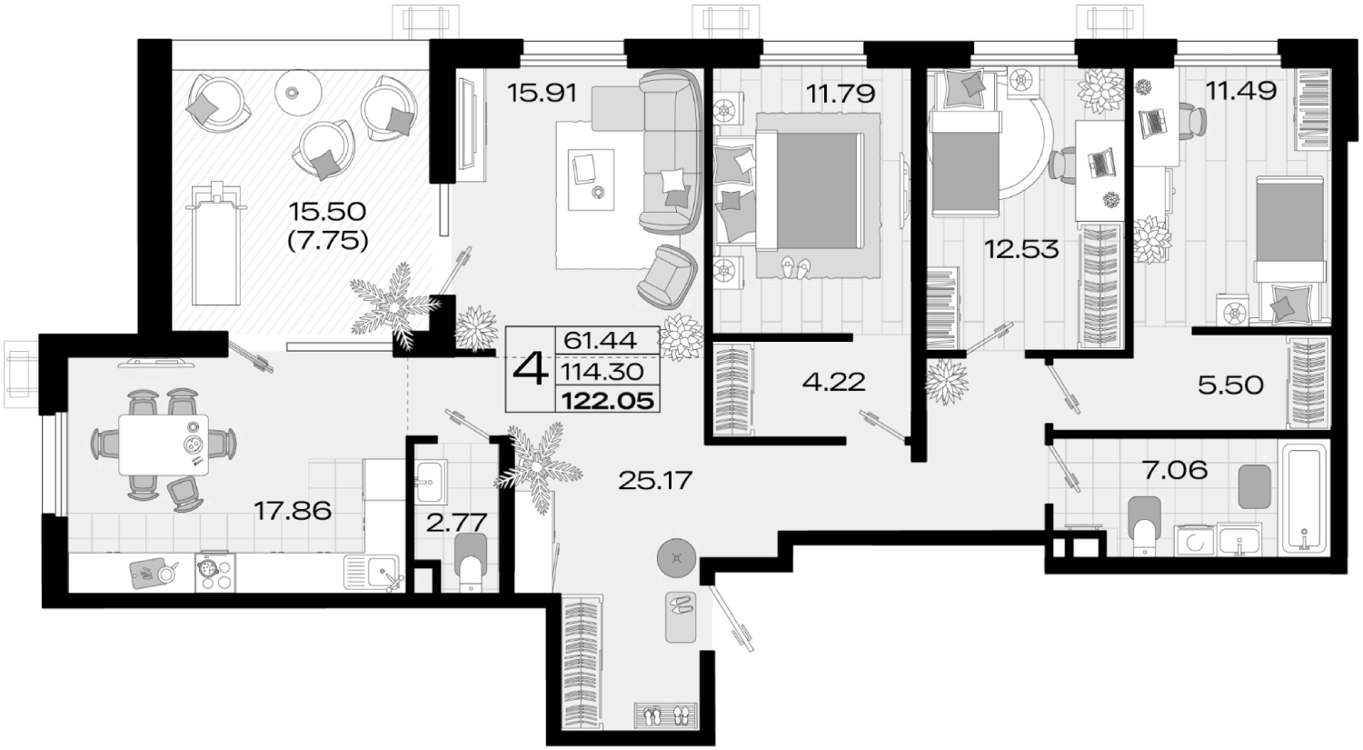 4+ комнаты, 114.91 м², 14/14 этаж, ЖК «Римские Каникулы»