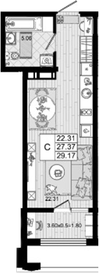 Студия, 27.37 м², 8/8 этаж, ЖК «Резиденция морей»