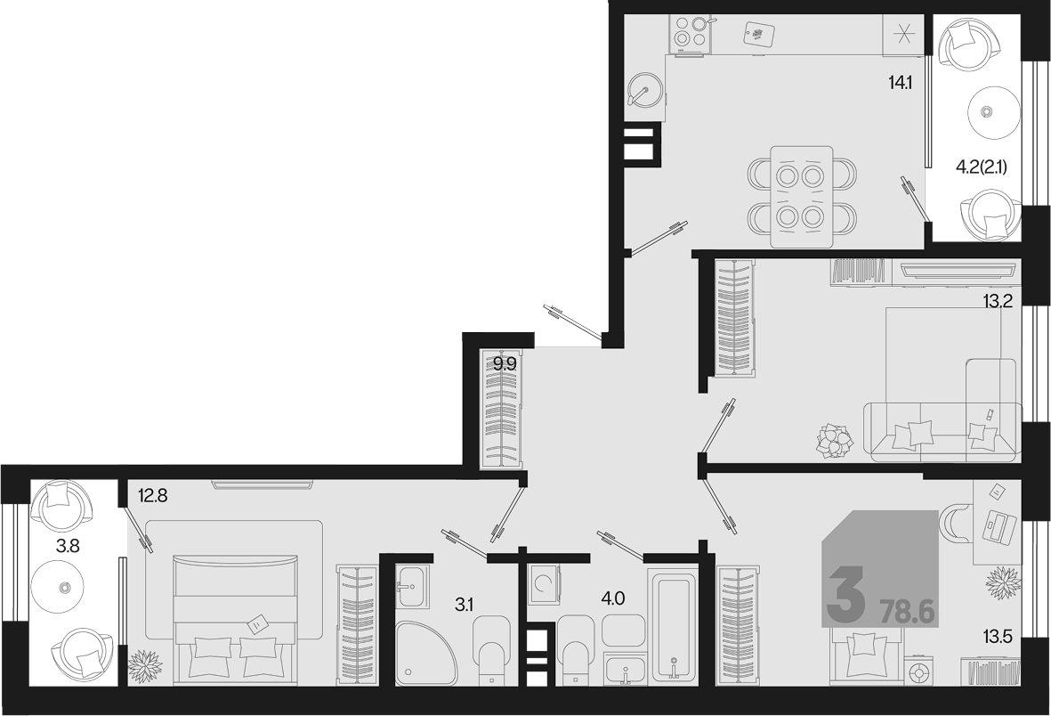 3-комн., 70.6 м², 7/9 этаж, ЖК «Первое место»