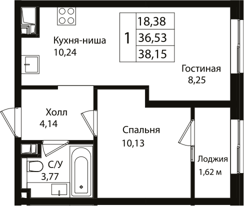 2-комн., 36.53 м², 7/9 этаж, ЖК «Патрики»