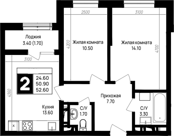 2-комн., 50.9 м², 4/9 этаж, ЖК «На высоком берегу»