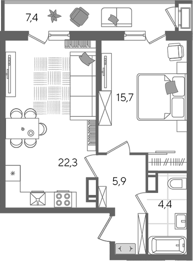 2-комн., 48.3 м², 23/24 этаж, ЖК «Рекорд»