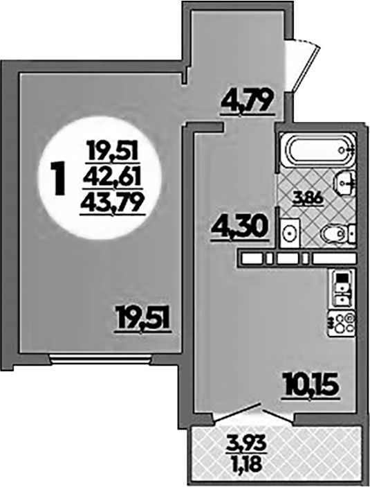 1-комн., 42.61 м², 1/16 этаж, ЖК «Город у моря»