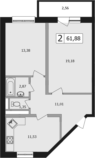 2-комн., 59.32 м², 9/16 этаж, ЖК «Жемчужина»