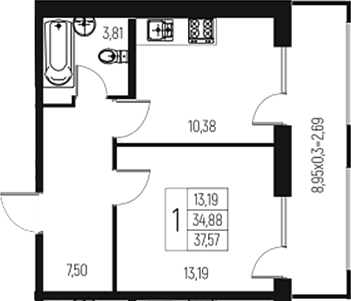 Продается 1-комн. квартира, 34.88 м²