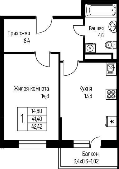 1-комн., 41.4 м², 3/3 этаж, ЖК «Nova Vita»