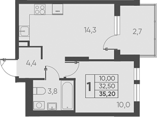1-комн., 32.5 м², 12/15 этаж, ЖК «Барса»