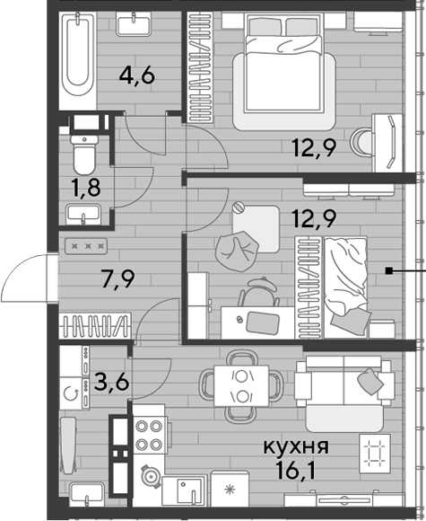 2-комн., 59.8 м², 15/16 этаж, ЖК «DОГМА ПАРК»