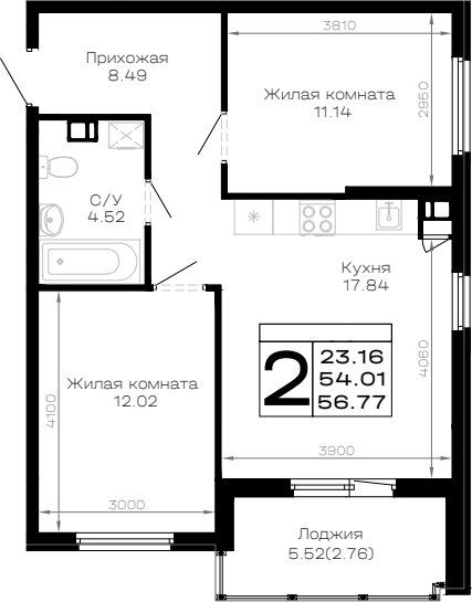 2-комн., 54.01 м², 2/4 этаж, ЖК «Усадьба Гостагаевская»
