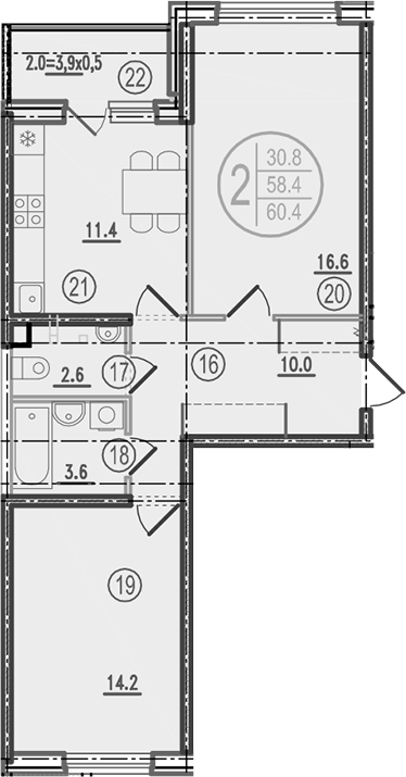 2-комн., 58.4 м², 1/9 этаж, ЖК «Спортивная деревня»