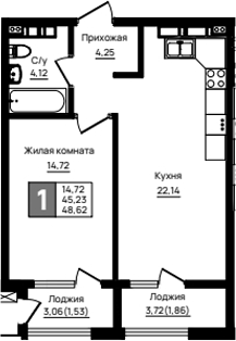 1-комн., 45.23 м², 10/18 этаж, ЖК «Резиденция морей»