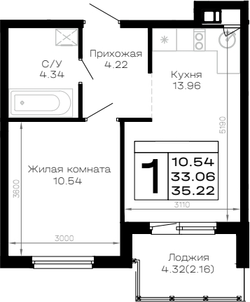 1-комн., 33.06 м², 3/4 этаж, ЖК «Усадьба Гостагаевская»