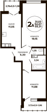 2-комн., 52.07 м², 12/24 этаж, ЖК «Гулливер»