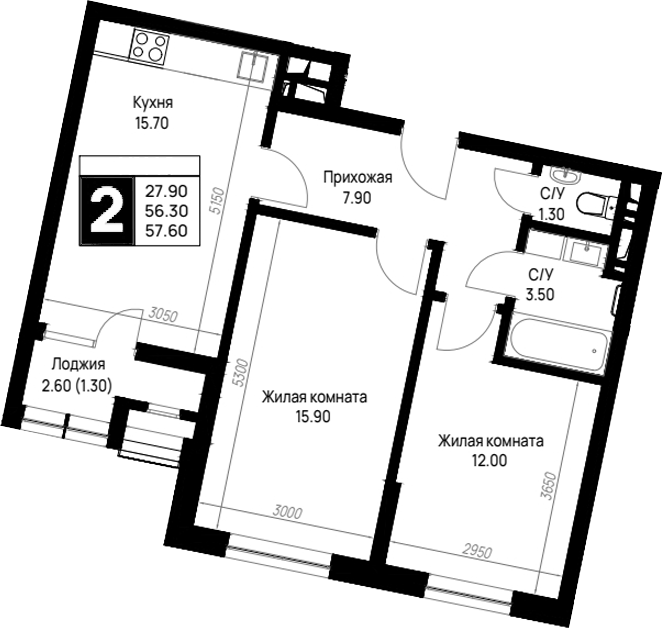 2-комн., 56.3 м², 3/9 этаж, ЖК «На высоком берегу»