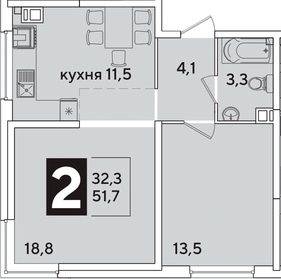 2-комн., 51.7 м², 4/16 этаж, ЖК «Самолет»