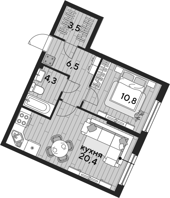 1-комн., 45.5 м², 2/19 этаж, ЖК «DОГМА ПАРК»