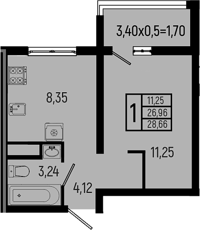 1-комн., 26.96 м², 4/9 этаж, ЖК «Ботаника Хиллс»