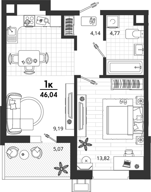 1-комн., 40.97 м², 2/18 этаж, ЖК «Родные Просторы»