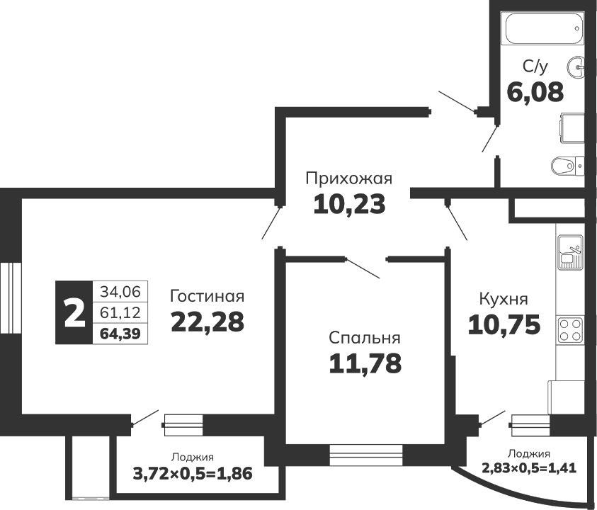2-комн., 61.12 м², 3/16 этаж, ЖК «Кутузовский. ООО К-1»