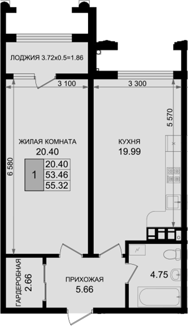 Продается 1-комн. квартира, 53.46 м²