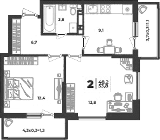2-комн., 45.8 м², 8/9 этаж, ЖК «Лето»