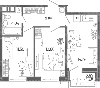 2-комн., 49.24 м², 15/21 этаж, ЖК «Эстет»