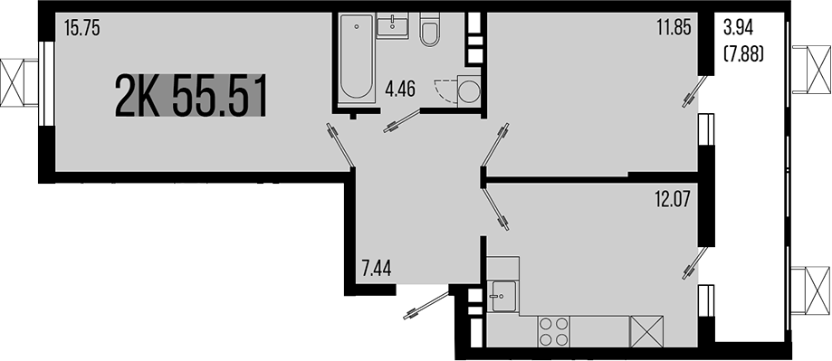 Продается 2-комн. квартира, 51.57 м²