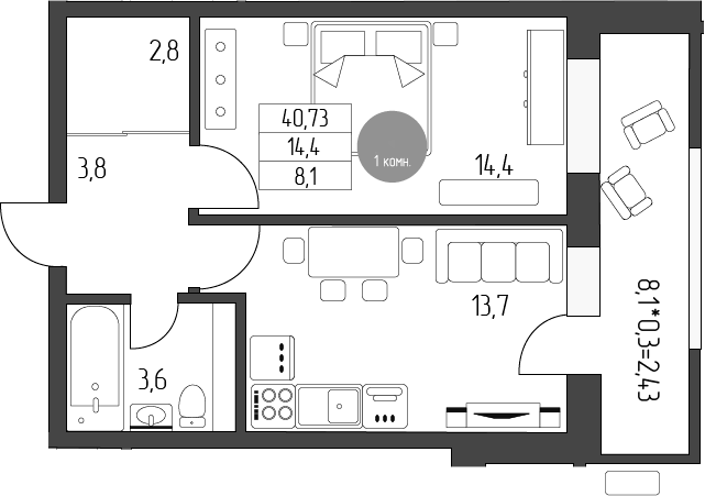 1-комн., 38.3 м², 5/5 этаж, ЖК «Лермонтов»