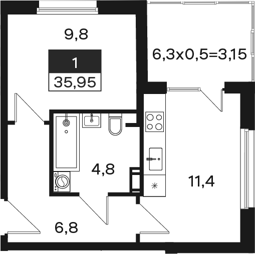 1-комн., 32.8 м², 2/4 этаж, ЖК «Новая Елизаветка»