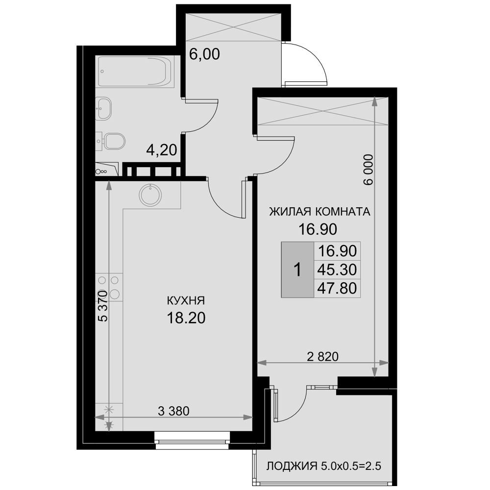 2-комн., 45.3 м², 6/7 этаж, ЖК «История»