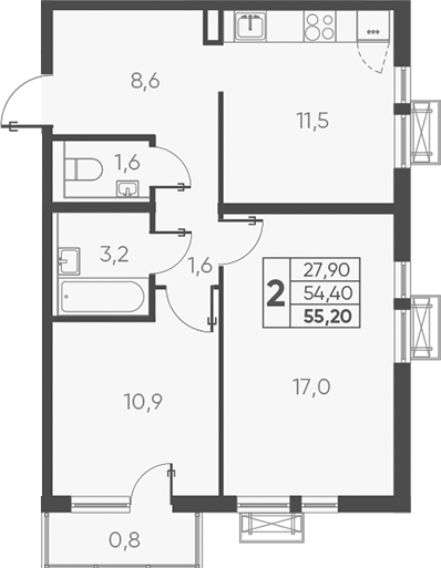 2-комн., 54.4 м², 7/24 этаж, ЖК «Барса»
