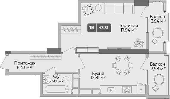 1-комн., 40.94 м², 1/17 этаж, ЖК «Золотой берег. СЗ Среда»