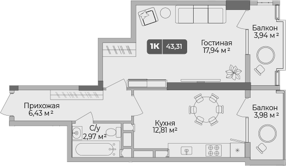 1-комн., 40.94 м², 1/17 этаж, ЖК «Золотой берег. СЗ Среда»