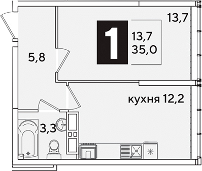 1-комн., 35 м², 15/16 этаж, ЖК «Самолет»