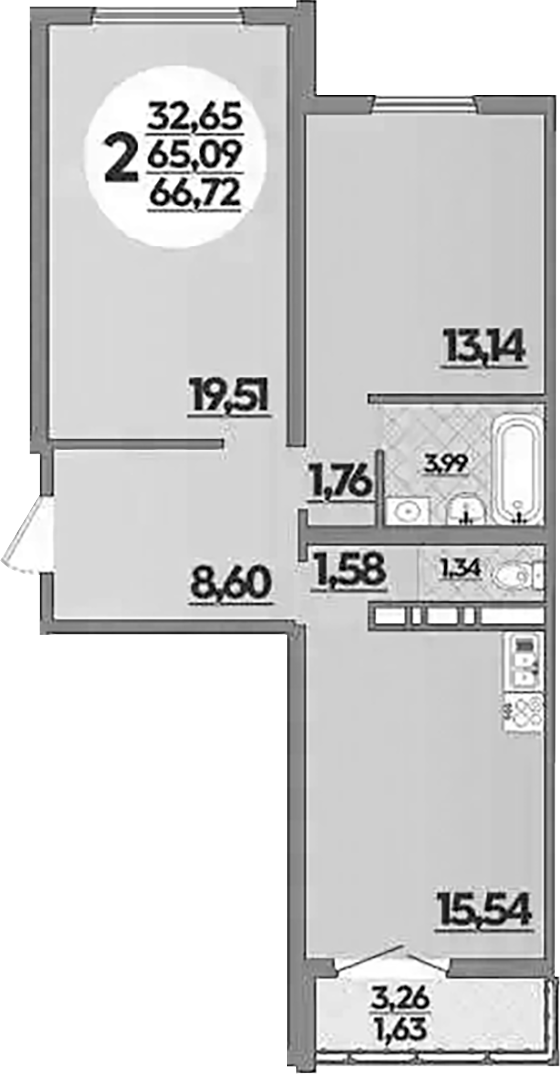2-комн., 65.09 м², 3/16 этаж, ЖК «Город у моря»
