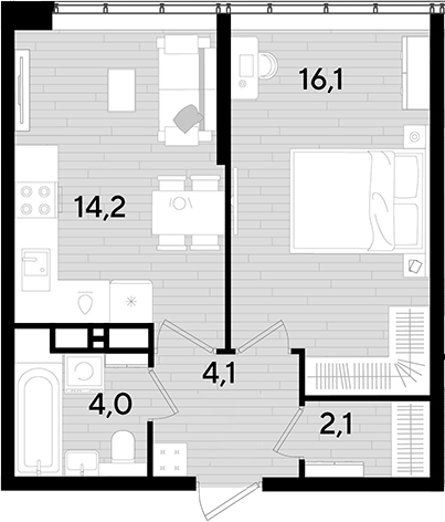 1-комн., 39.3 м², 16/16 этаж, ЖК «DОГМА ПАРК»