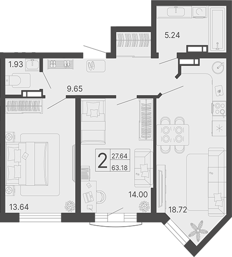 2-комн., 63.18 м², 11/11 этаж, ЖК «Светский лес»