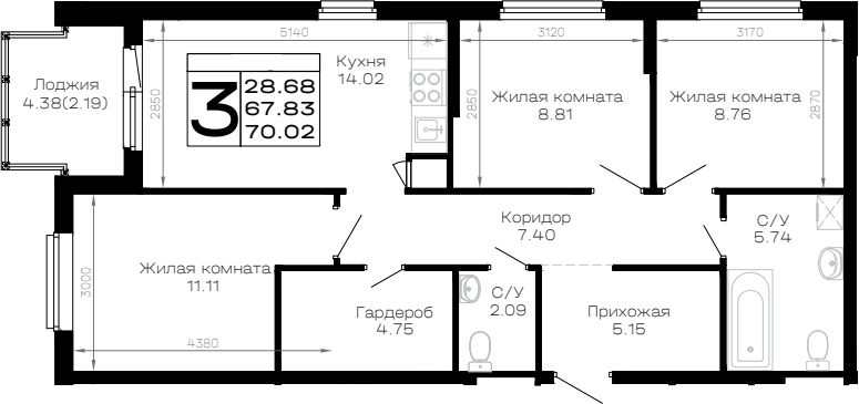 3-комн., 67.83 м², 1/4 этаж, ЖК «Усадьба Гостагаевская»