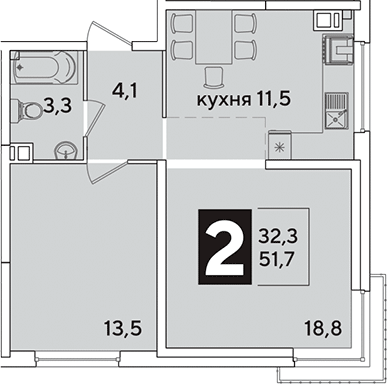 2-комн., 51.7 м², 8/16 этаж, ЖК «Самолет»