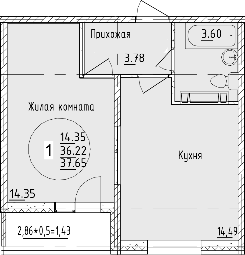 1-комн., 36.22 м², 3/19 этаж, ЖК «Друг»